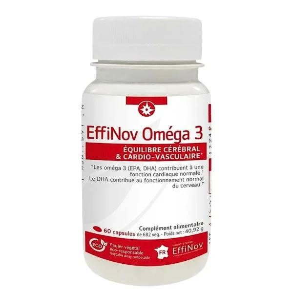 Flacon blanc et rouge EffiNov Oméga 3, 60 capsules, complément alimentaire