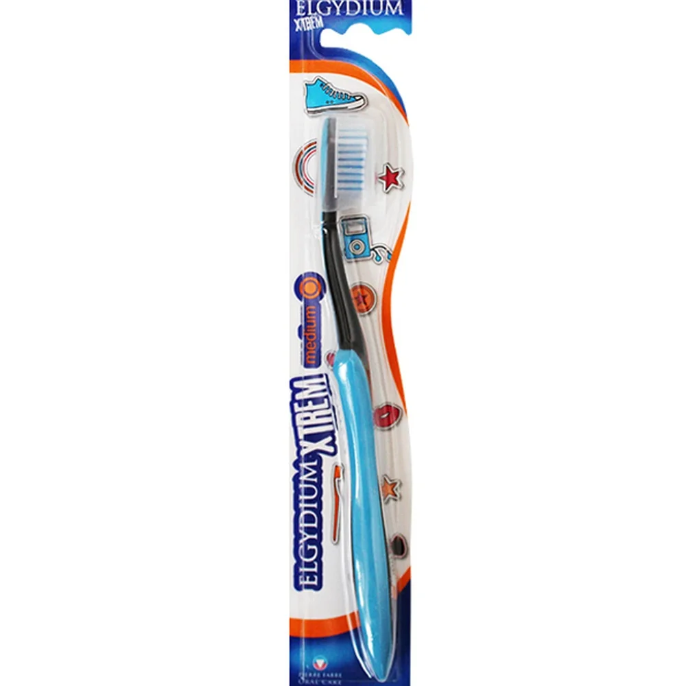 elgydium-brosse-a-dentifrice-s-xtrem-medium.jpg Brosse à dents Elgydium Xtrem medium au manche bleu, sous blister