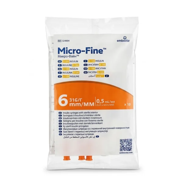 Sachet blanc et orange Embecta Micro-Fine, dix seringues à insuline 0,5 mL