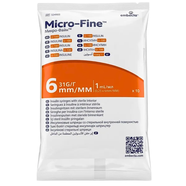 Sachet blanc et orange Embecta Micro-Fine, dix seringues à insuline 1 mL