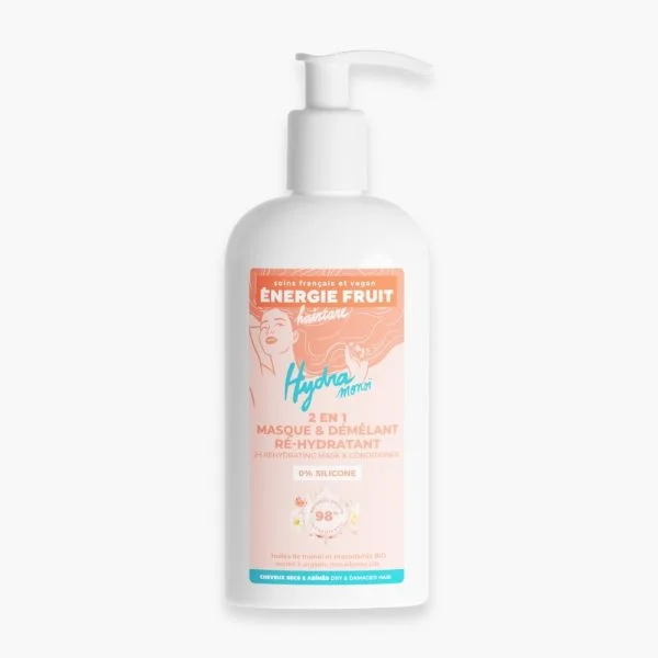 Flacon pompe blanc Énergie Fruit Hydra Monoï, masque et démêlant 2 en 1