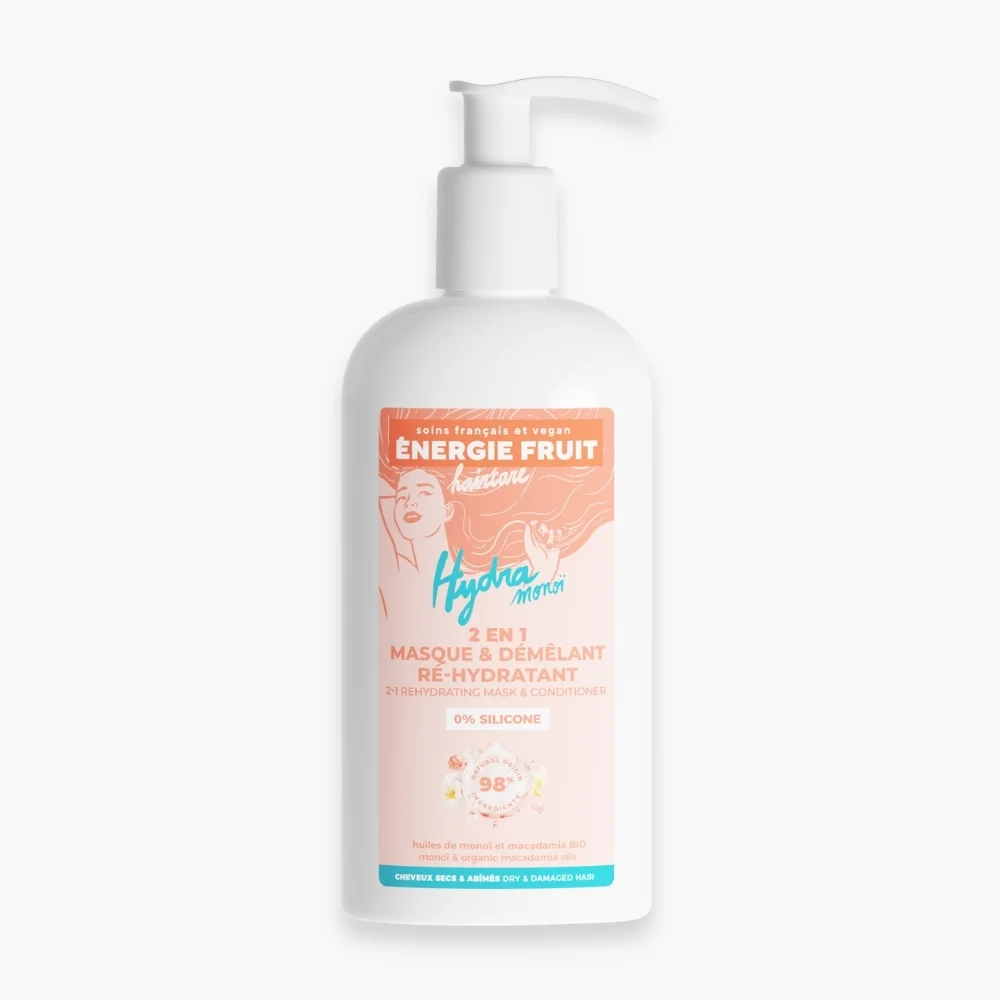 energie-fruit-haircare-hydra-monoi-2en1-masque-et-demelant-re-hydratant-300ml-5.jpg Flacon pompe blanc Énergie Fruit Hydra Monoï, masque et démêlant 2 en 1