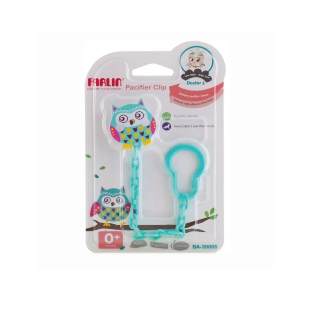 Farlin Chainette Decore Vert BF-30005 Attache-sucette Farlin turquoise motif hibou sous blister transparent