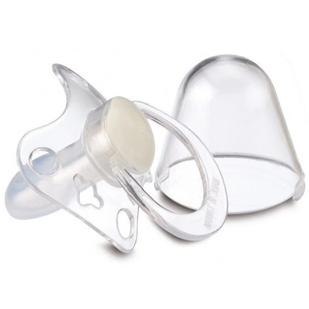 farlin-sucette-en-silicone-1er-age-top-101.jpg Sucette en silicone transparent avec collerette ajourée et capuchon de protection