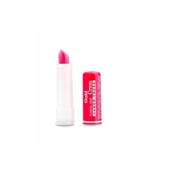 Stick à lèvres Gold Crem ouvert, bâton rose et capuchon rose fraise
