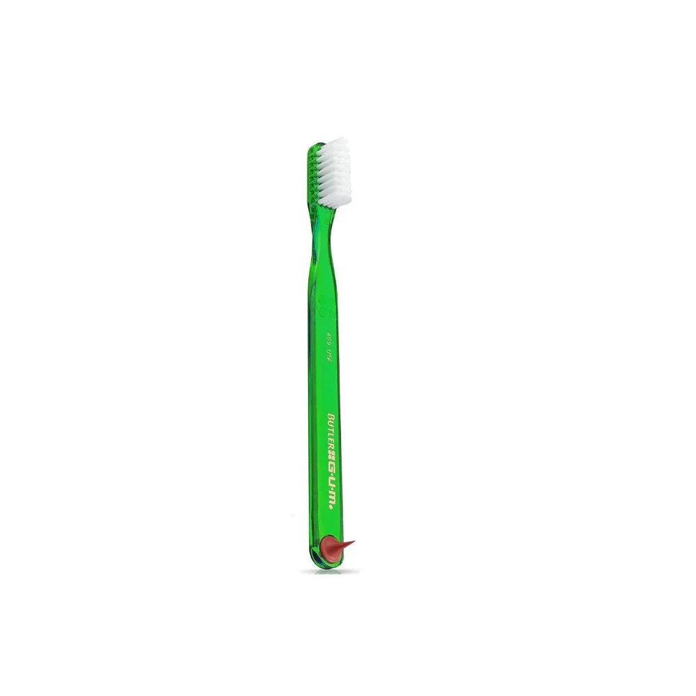 Gum Brosse à Dent Classic Soft Compacte 409 Brosse à dents GUM Classic verte translucide avec stimulateur gingival rouge
