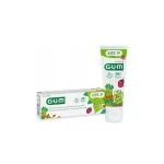 Tube et étui de dentifrice GUM Kids vert avec personnages illustrés