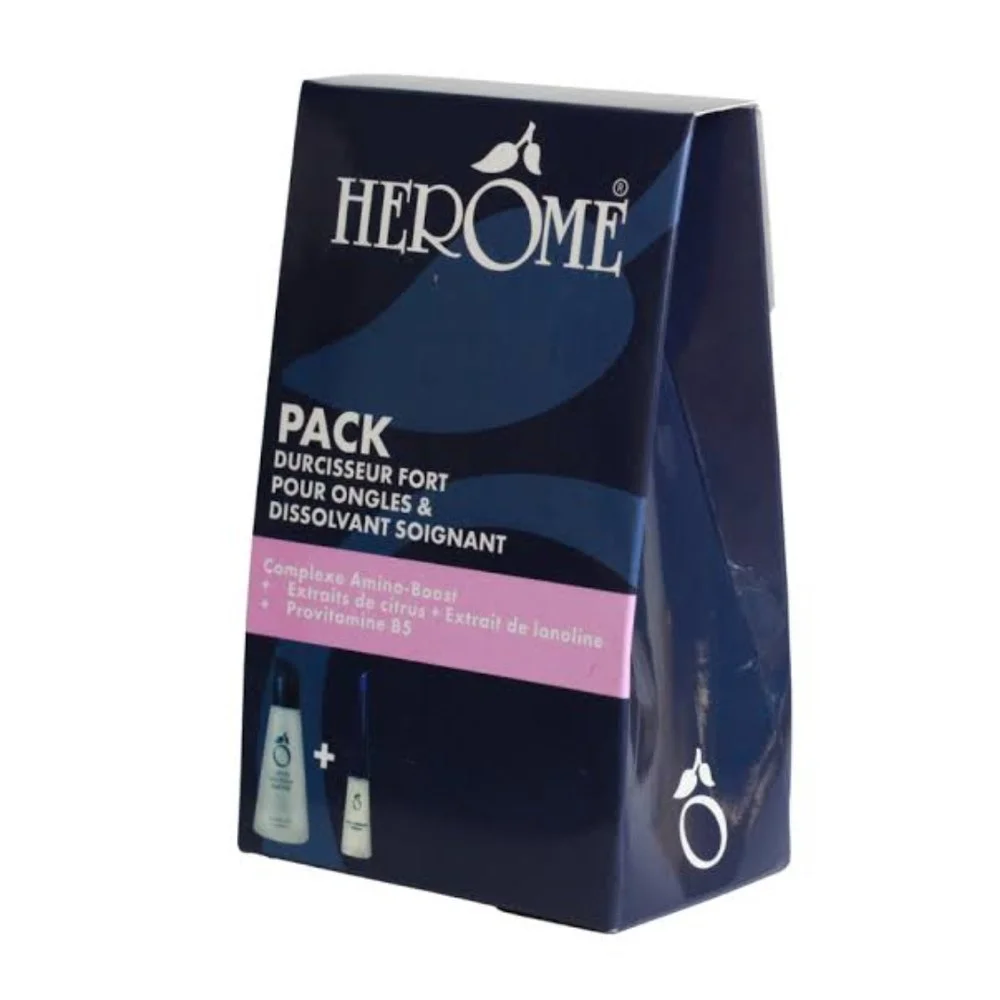 Herome Pack Durcisseur Fort Pour Ongles + Dissolvant Coffret bleu Herôme pack durcisseur fort pour ongles et dissolvant soignant