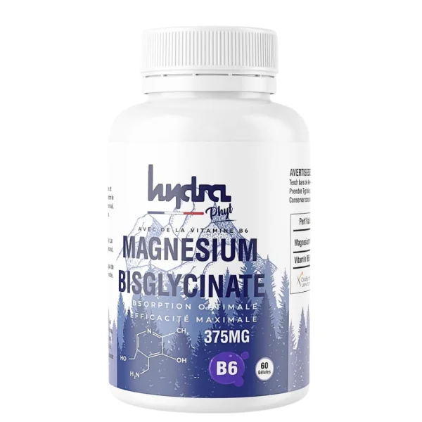 Flacon blanc Hydra Phyt magnésium bisglycinate B6, 60 gélules montagne