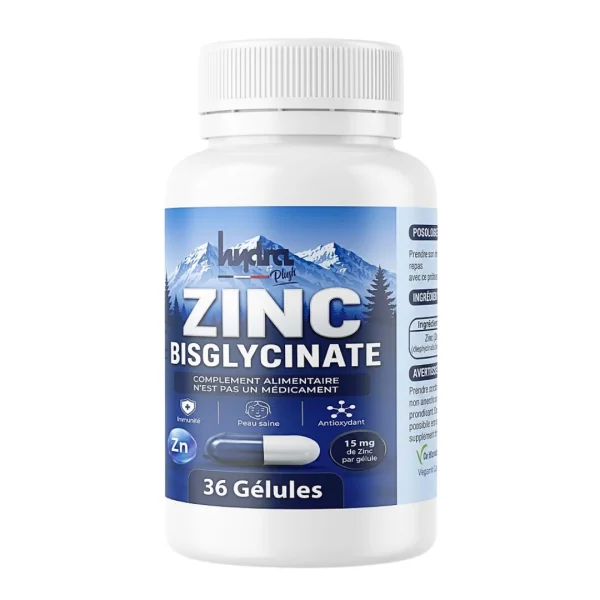 Flacon blanc zinc bisglycinate 36 gélules, étiquette bleue montagne enneigée