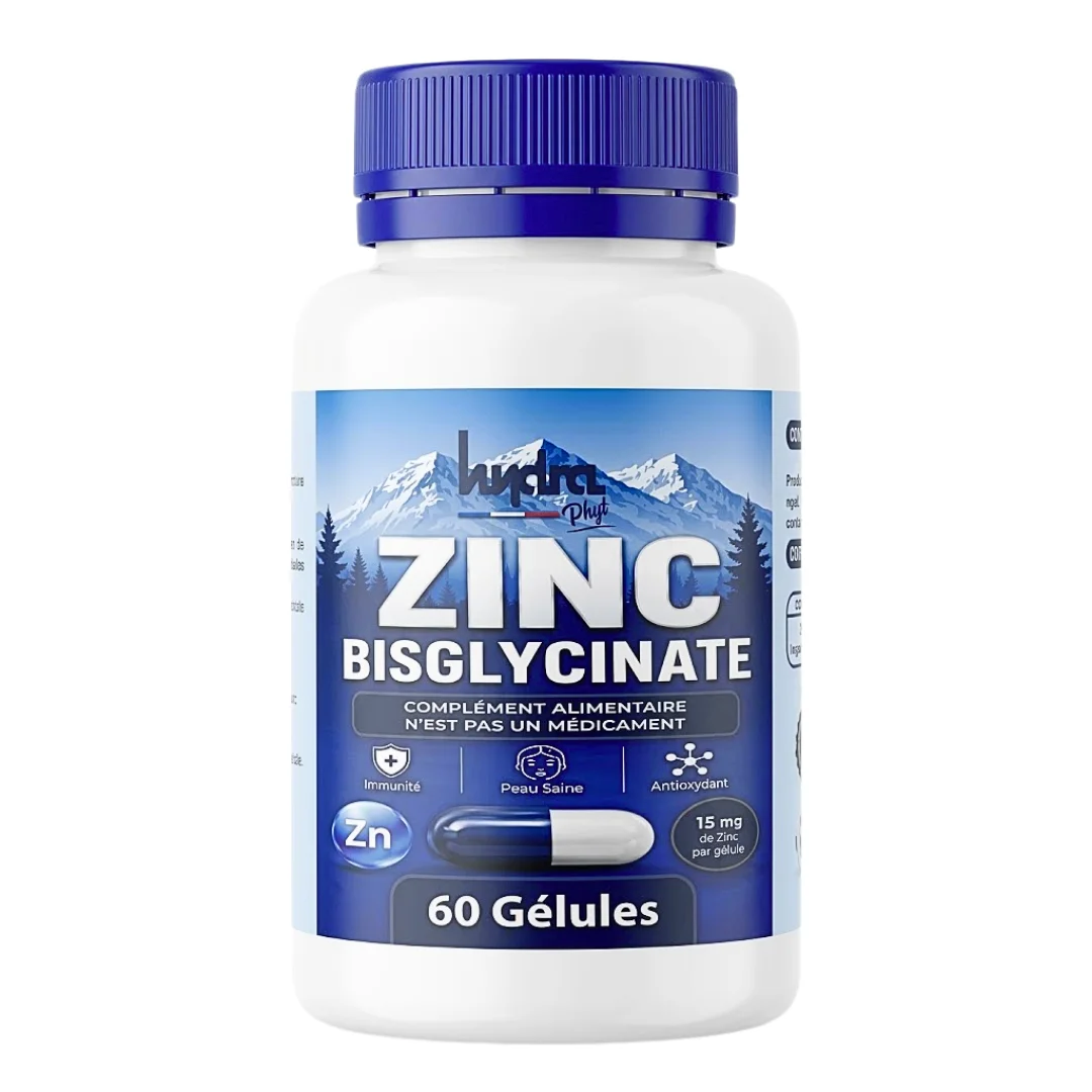 hydra-plus-zinc-bisglycinate-15mg-60-gelules.png Flacon blanc Hydra Phyt zinc bisglycinate 60 gélules, bouchon bleu