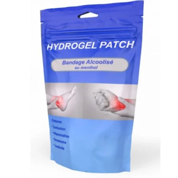 Sachet bleu Hydrogel Patch bandage alcoolisé au menthol, illustrations cheville et poignet
