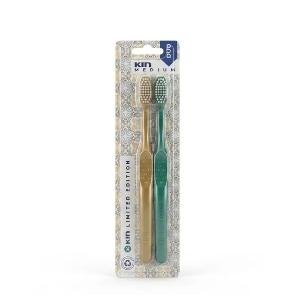 Blister Kin Medium Duo édition limitée avec deux brosses à dents dorée et verte