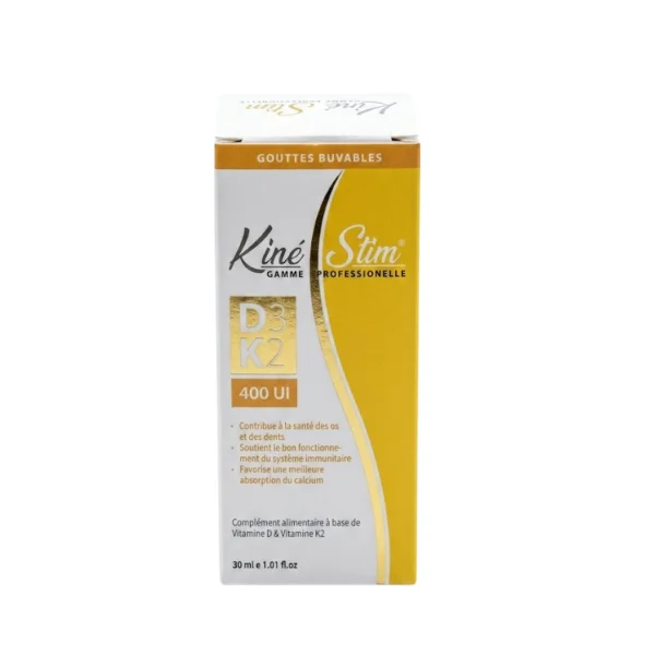 Boîte blanche et dorée Kiné Stim vitamine D3 K2 400 UI gouttes buvables