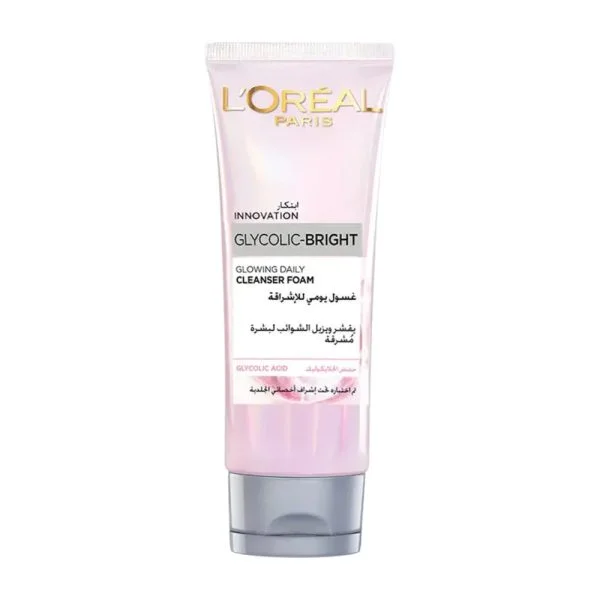 Tube rose L'Oréal Paris Glycolic-Bright mousse nettoyante quotidienne pour le visage