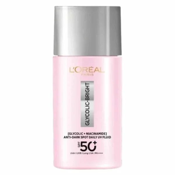 Flacon rose L'Oréal Paris Glycolic-Bright fluide UV SPF50+ anti-taches
