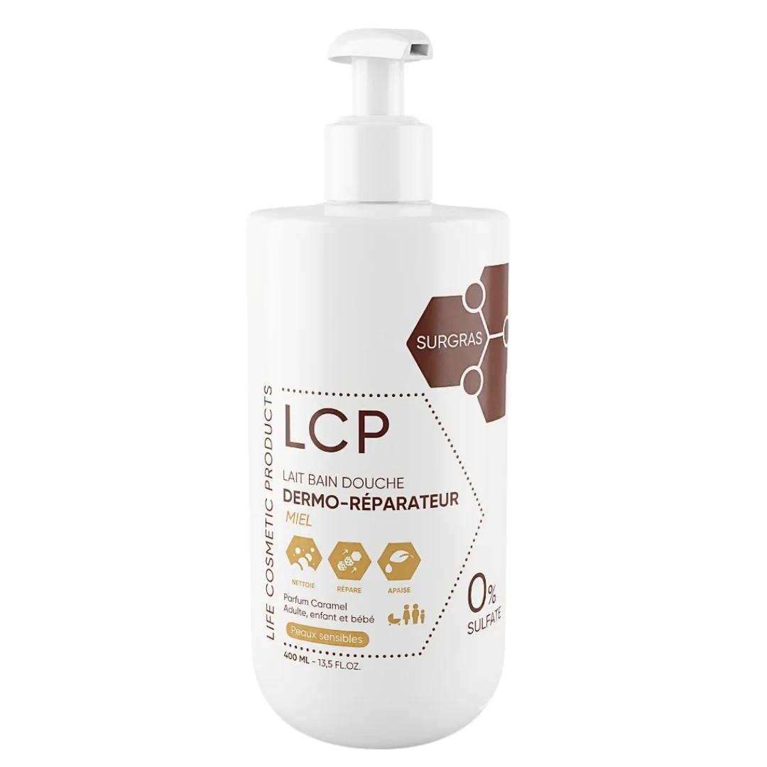 lcp-lait-bain-douche-miel-400ml.png Flacon pompe blanc LCP lait bain douche dermo-réparateur miel 400 ml