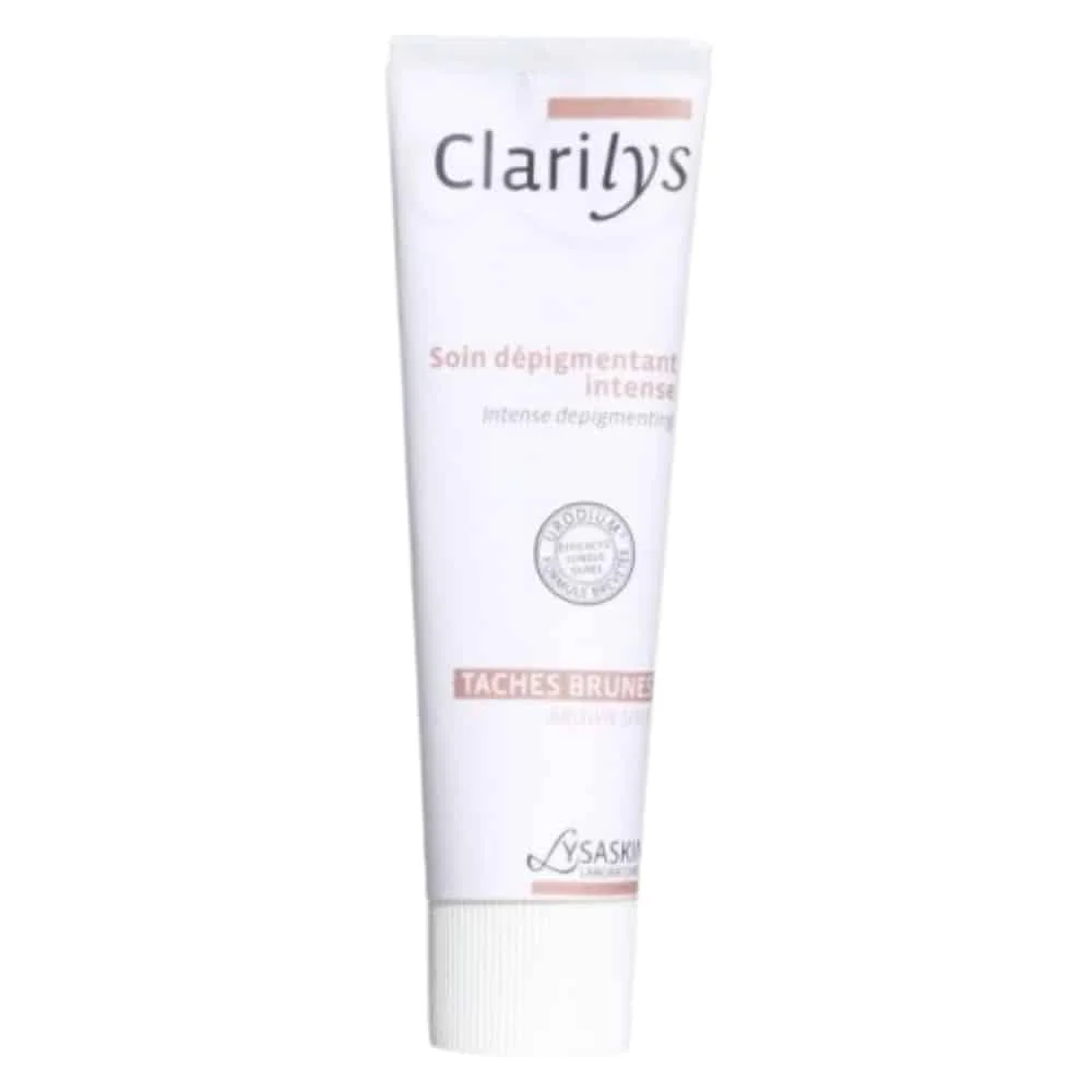 lysaskin-clarilys-soin-depigmentant-intense-40ml.jpg Tube blanc Clarilys Lysaskin soin dépigmentant intense taches brunes visage