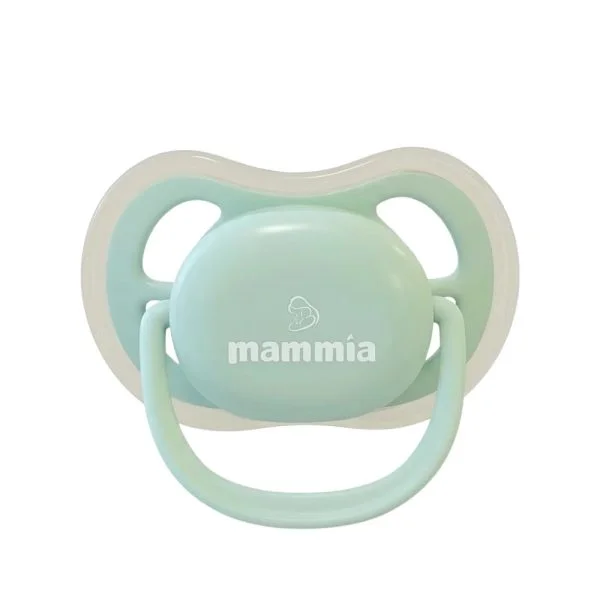 Sucette Mammia vert d'eau, collerette ajourée et anneau de préhension