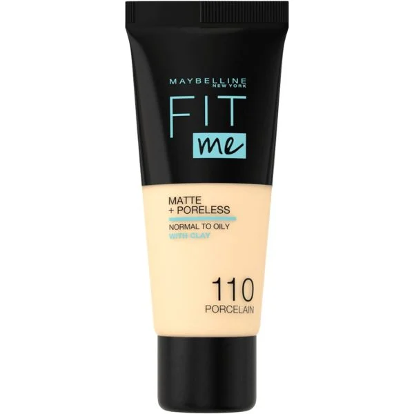 Tube noir et beige Maybelline Fit Me Matte Poreless teinte 110 Porcelain