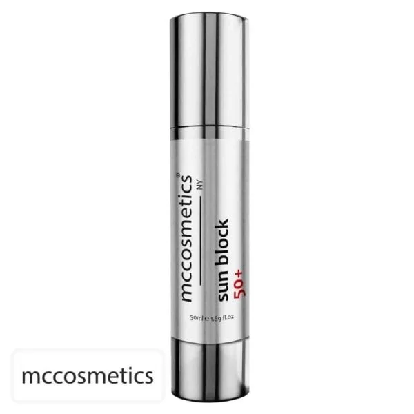 Flacon airless argenté mccosmetics Sun Block 50+ visage 50 ml