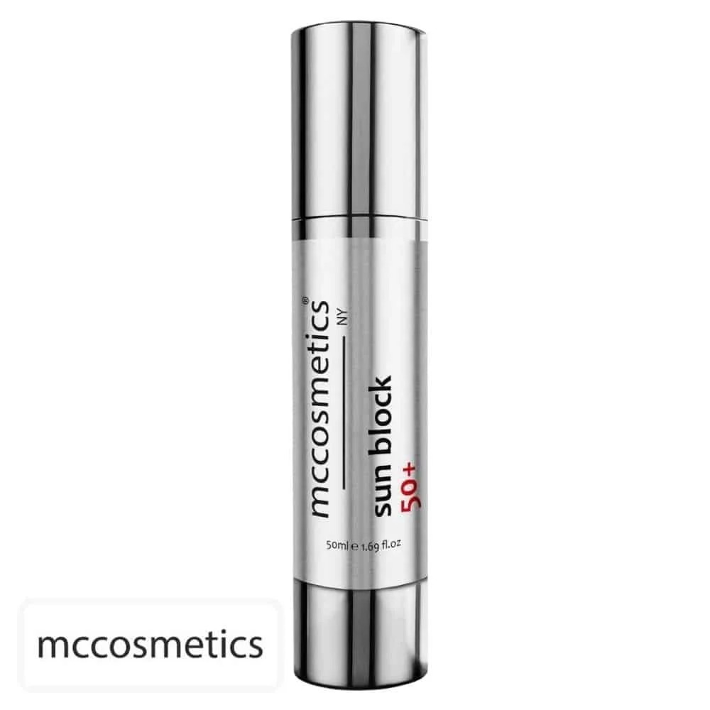 mccosmetics-sun-block-spf50-50ml.jpg Flacon airless argenté mccosmetics Sun Block 50+ visage 50 ml