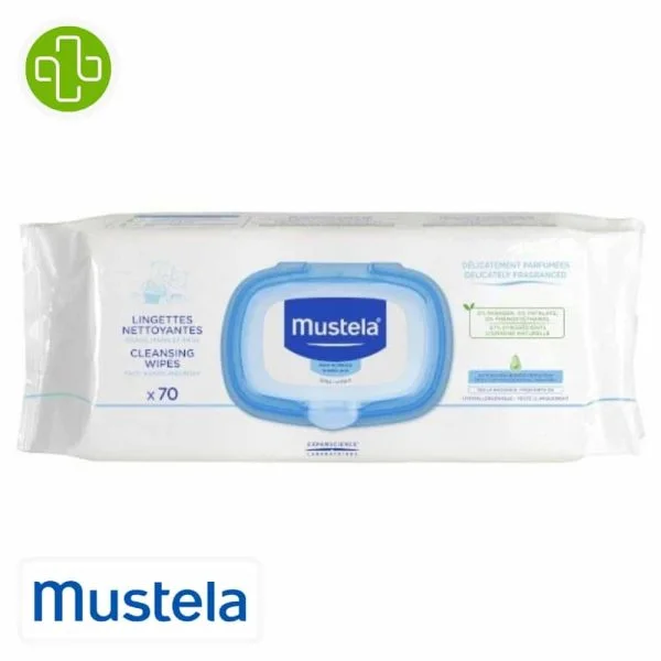 Paquet de lingettes nettoyantes Mustela x70 avec couvercle rigide bleu