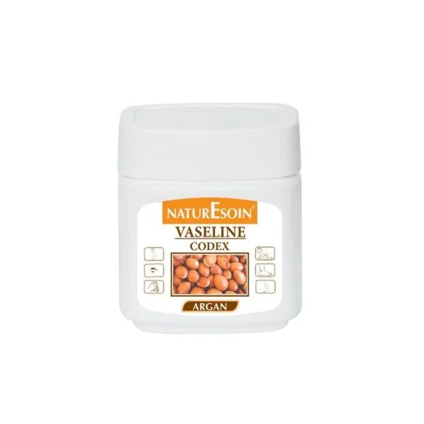 Pot blanc NaturEsoin vaseline codex argan, étiquette orange et amandes d'argan