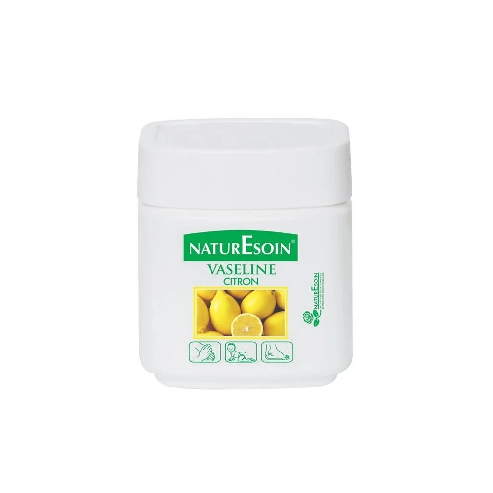 NaturEsoin Vaseline Codex Citron – 120 ml Pot blanc NaturEsoin vaseline citron 120 ml étiquette verte avec citrons jaunes
