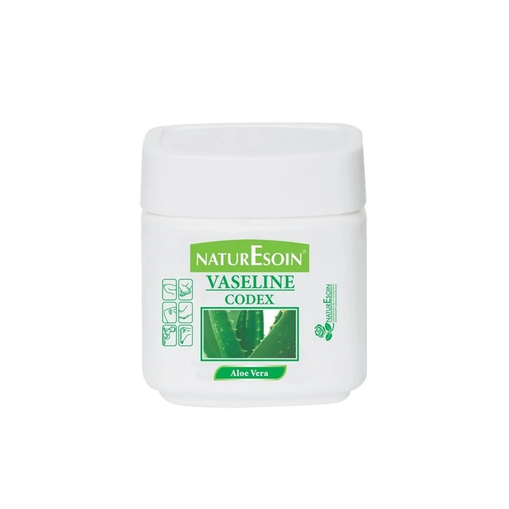 NaturEsoin Vaseline Codex Huile Aloé Vera – 120 ml Pot blanc NaturEsoin vaseline codex aloé vera 120 ml étiquette verte pictogrammes