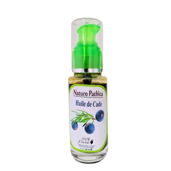 Flacon verre à pompe verte Naturo Pathica huile de cade, baies de genévrier