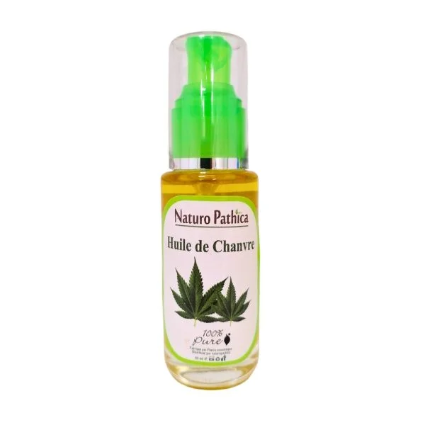 Flacon verre à pompe verte Naturo Pathica huile de chanvre, feuilles vertes illustrées