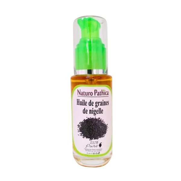 Flacon verre à pompe verte Naturo Pathica huile de graines de nigelle