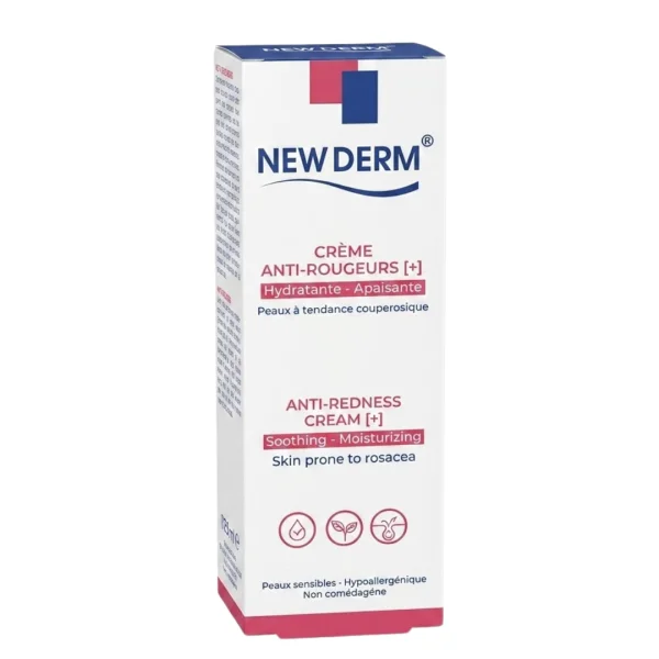 Étui blanc et rose New Derm crème anti-rougeurs hydratante apaisante