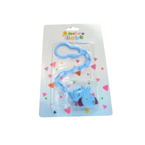 Attache-sucette bleue Notre Bébé chaînette à maillons et clip animal