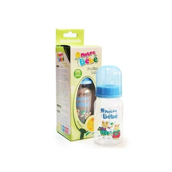 Biberon bleu Notre Bébé 120 ml et sa boîte verte de présentation