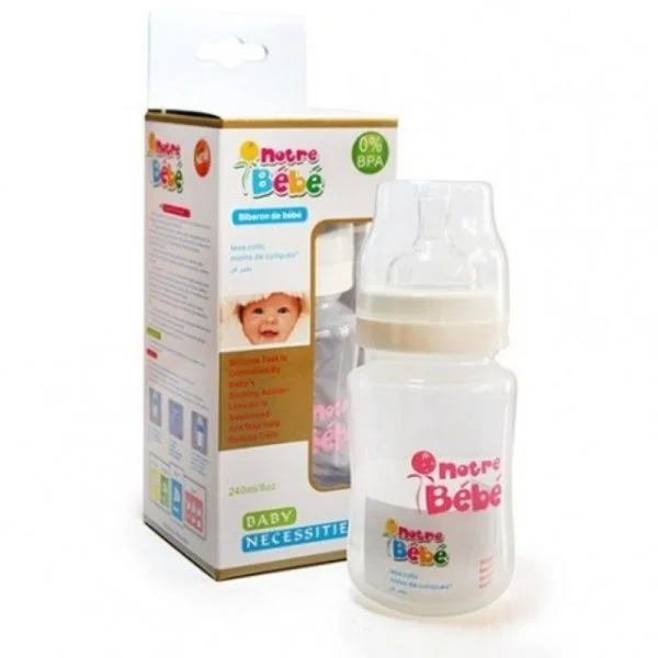 Biberon Notre Bébé col large 240 ml avec boîte blanche et dorée