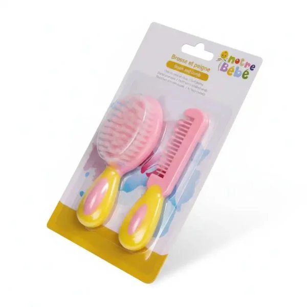 Brosse et peigne bébé roses et jaunes sous blister Notre Bébé