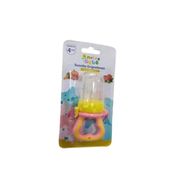 Sucette grignoteuse rose et jaune Notre Bébé sous blister fruits légumes