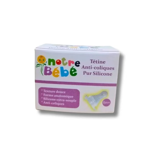 Boîte blanche et violette de tétine anti-coliques en silicone Notre Bébé
