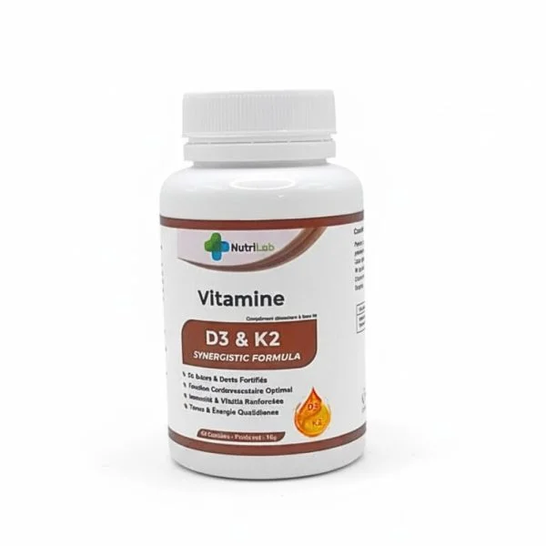 Flacon blanc NutriLab Vitamine D3 et K2, 60 gélules