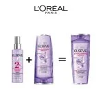 Trois produits violets L'Oréal Elseve Hyaluron Repulp sérum shampooing après-shampooing