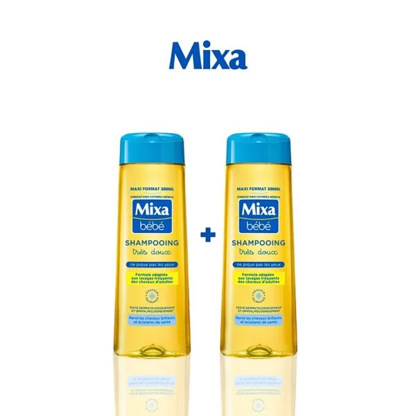 Deux flacons jaunes de shampooing très doux Mixa Bébé 300 ml bouchon bleu