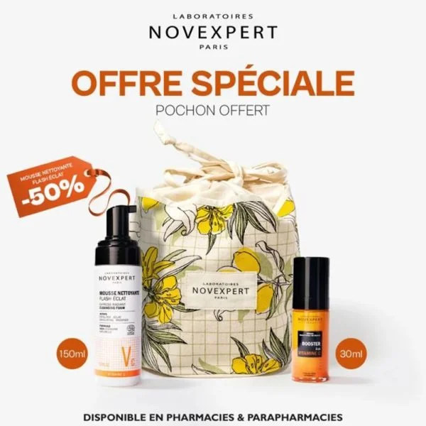 Mousse Novexpert Flash Éclat 150 ml, Booster Vitamine C 30 ml et pochon fleuri