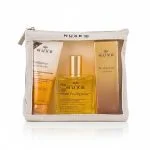 Trousse transparente Nuxe avec tube, flacon d'huile dorée et étui parfum