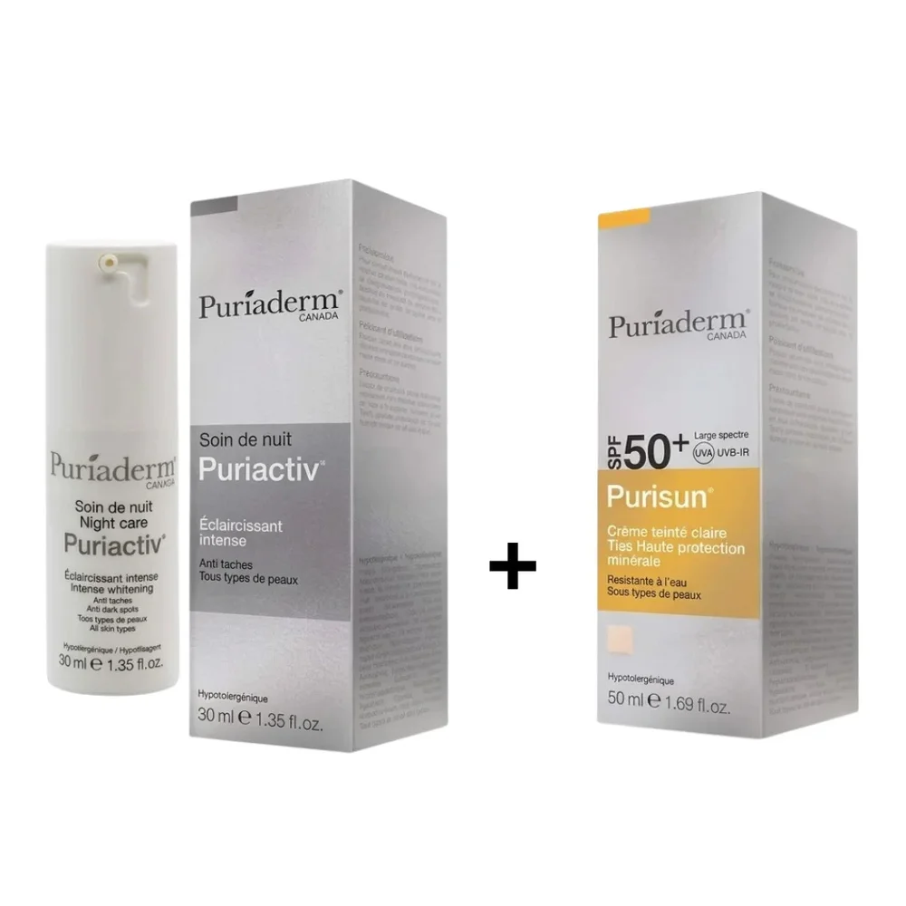 pack-puriaderm-puriactiv-soin-nuit-ecran-teinte-claire-spf50-pack.jpg Flacon airless Puriaderm Puriactiv 30 ml et étui Purisun SPF50+ 50 ml