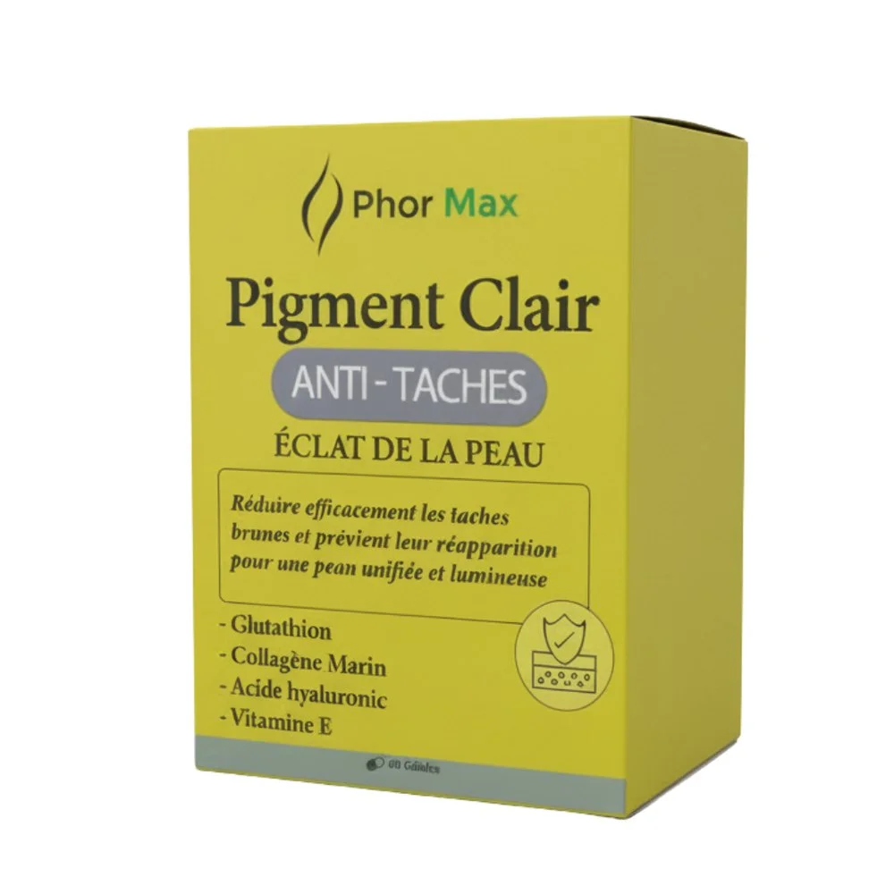 Phormax Pigment Clair Anti Taches 60 Gélules Boîte jaune PhorMax Pigment Clair anti-taches 60 gélules éclat de la peau