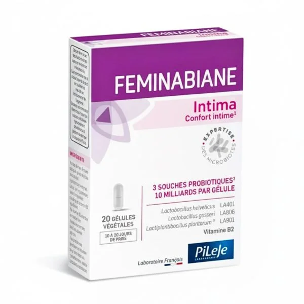 Boîte violette Feminabiane Intima PiLeJe, 20 gélules végétales, confort intime