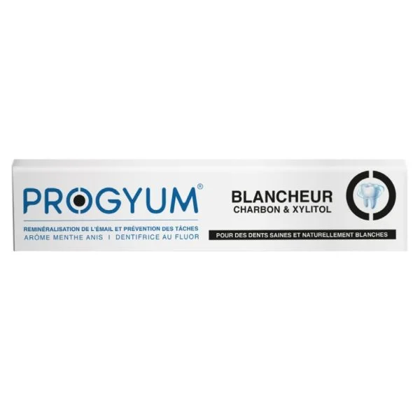Étui blanc et noir Progyum dentifrice Blancheur charbon et xylitol