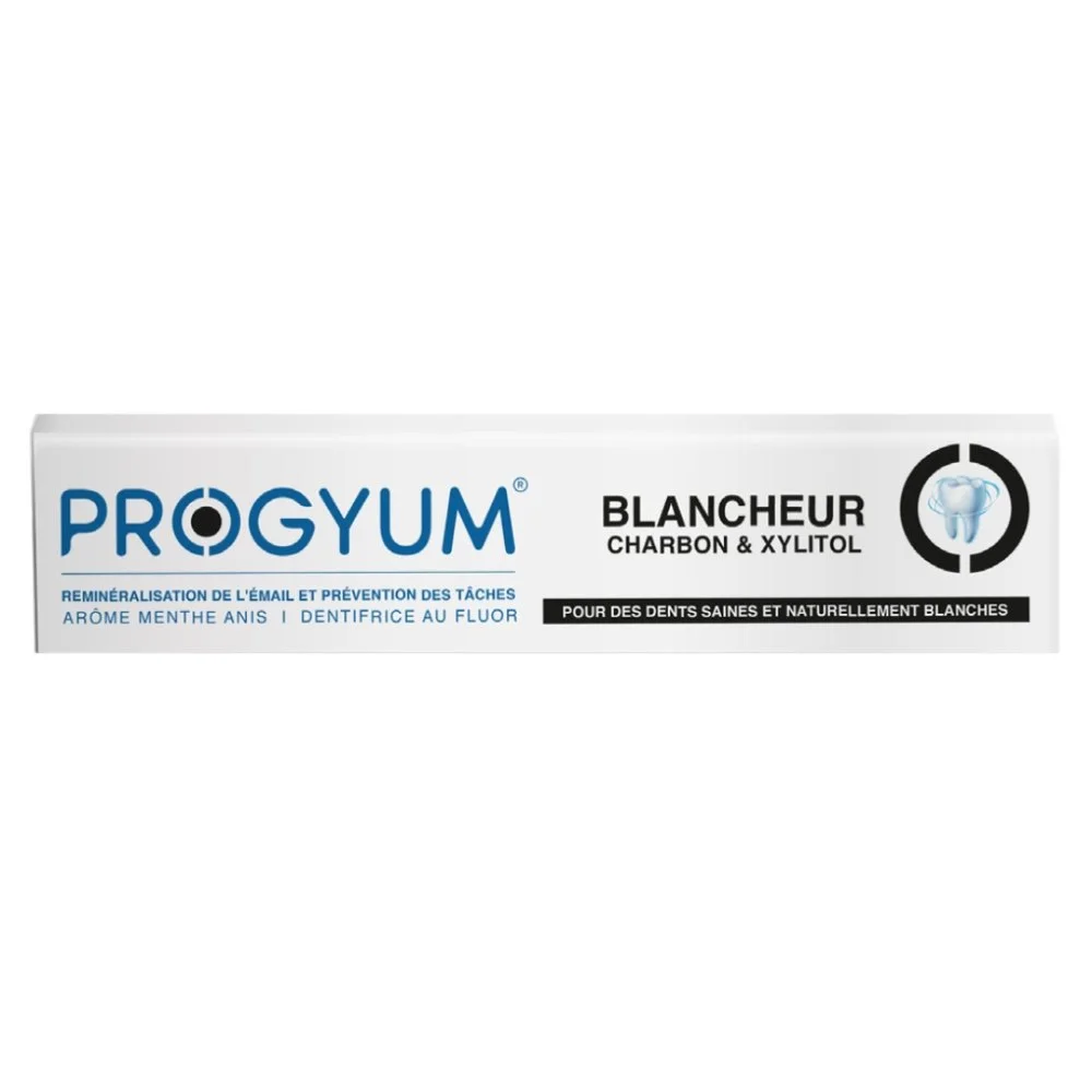 Progyum Dentifrice Blancheur Charbon & Xylitol – 75ml Étui blanc et noir Progyum dentifrice Blancheur charbon et xylitol